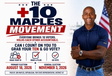 Promotional banner for The 10 Maple Movement with a man in a blue polo; urges people to vote, showing primary date Aug 18, 2026 and general date Nov 3, 2026.