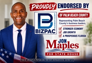 Campaign banner featuring Jon Maples for State House, with Palm Beach County business leaders endorsement and BizPac logo, and patriotic flag motif.