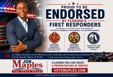 Campaign banner for Jon Maples, endorsed by Florida's first responders, featuring logos of first-responder organizations and a man in a suit on the left.