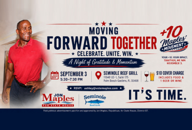 Promotional banner for 'Moving Forward Together: A Night of Gratitude & Momentum' with date, time (Sept 3, 5:30–7:30 PM) and venue Seminole Reef Grill, plus RSVP info and 'It's Time' slogan.
