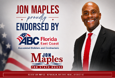 Campaign banner for Jon Maples endorsed by ABC Florida East Coast; portrait of Jon Maples in a suit and red tie with flags in the background.