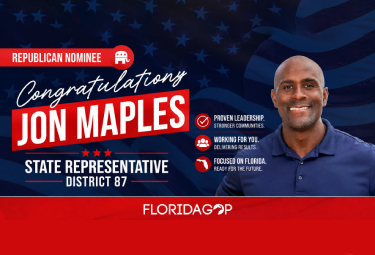 Campaign banner congratulating Jon Maples, Republican candidate for Florida State Representative, District 87, featuring Maples’ photo, bold red name banner, district text, and Florida GOP branding.