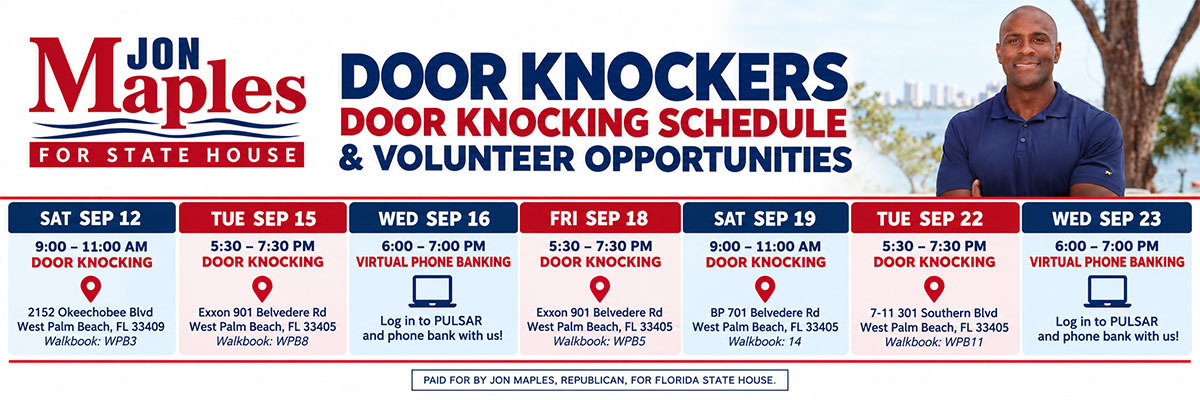 Campaign flyer for Jon Maples for State House — door knocking schedule and volunteer opportunities with dates Sep 12–Sep 23 and Florida locations included.
