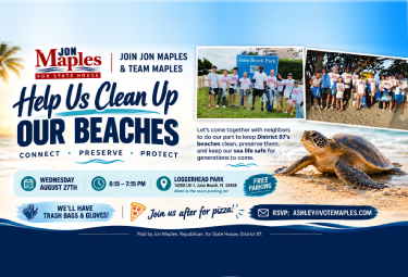 Campaign banner for Jon Maples for State House promoting a beach cleanup: volunteers pictured, a sea turtle, event date/time/location details and RSVP information.