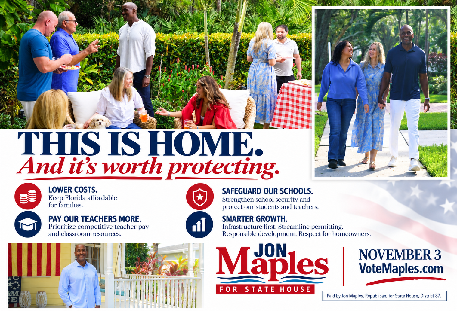 Group of diverse adults socializing at a backyard gathering with a political campaign banner reading “THIS IS HOME. And it’s worth protecting.” with icons and bullet points about costs, teachers, schools, and growth; Maples for State House branding visible.