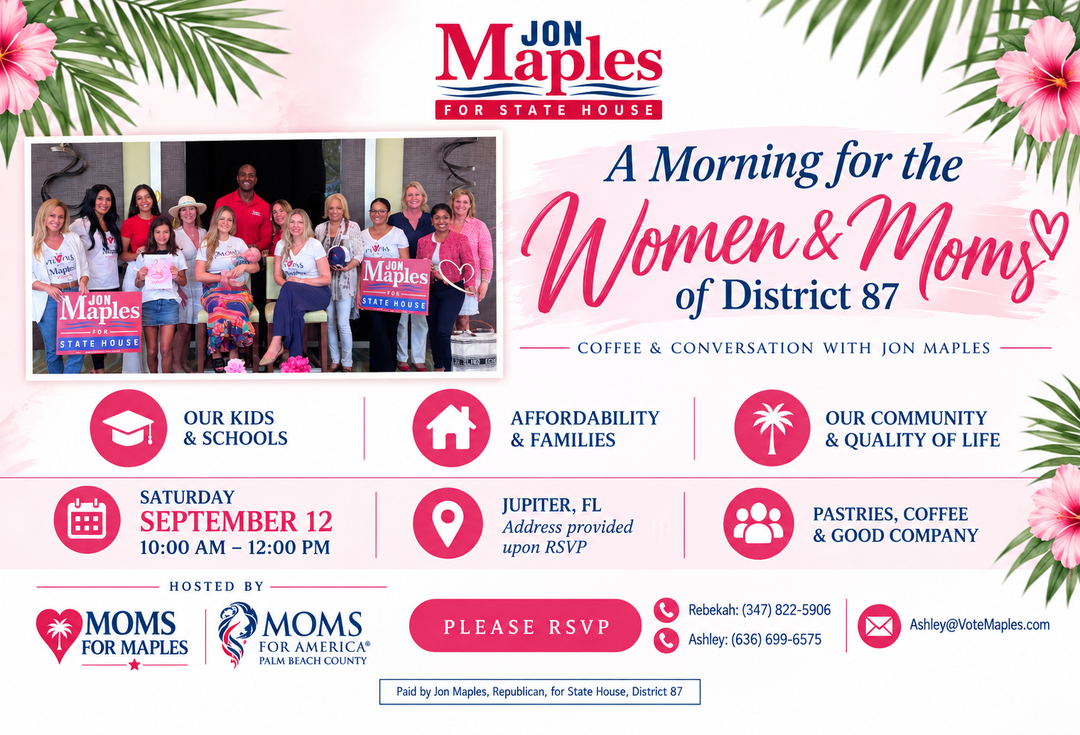 Jon Maples for State House campaign banner with a group photo of women and moms for District 87 event title text on pink background.