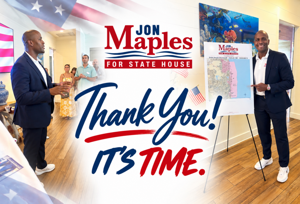 Campaign backdrop showing 'Jon Maples for State House' with a bold 'Thank You! It’s Time.' message inside a bright office setting.