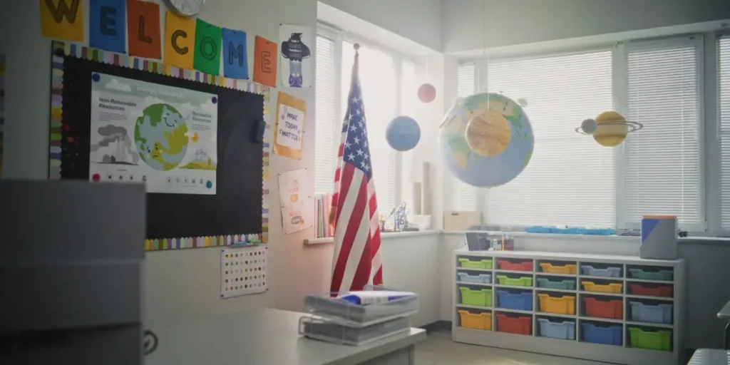 Classroom with space-themed decor: globe and hanging planet models, a U.S. flag, and colorful cubby storage under the window.